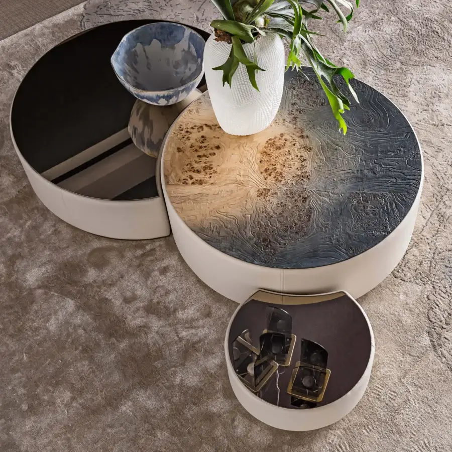 Exceptional Bizzotto Italia Ikat coffee table in light brown wood with creamy off-white band showcasing natural grain and metallic base profiles