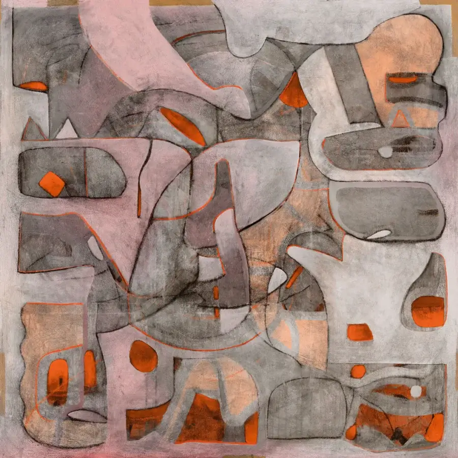 Captivating Wall&Decò Dustpath wallpaper with flowing curves and angular segments in gray, pink, and orange hues on sustainable bio-vinyl with a d.TW finish