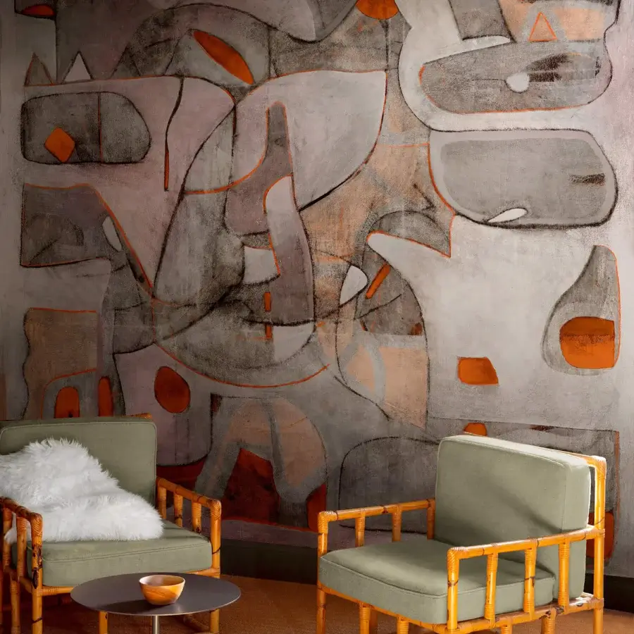 Distinguished Wall&Decò Dustpath wallpaper with layered grays and muted orange-brown tones in organic bio-vinyl with d.SW d.ecodura™ Sand finish