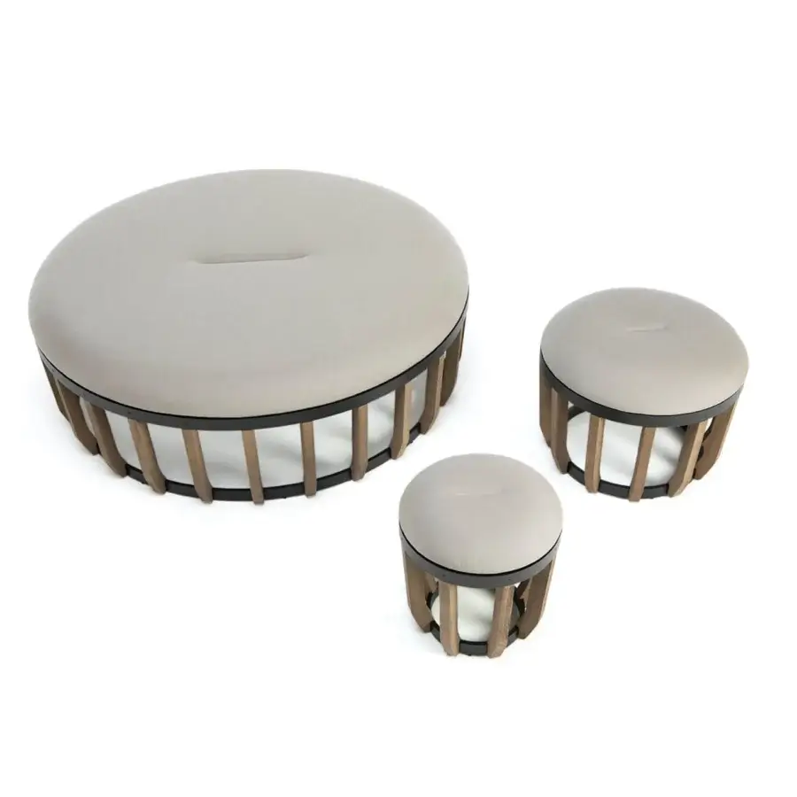 Alluring Ethimo Swing ottoman with plush beige cushion and robust teak-slatted base crafted in Italy
