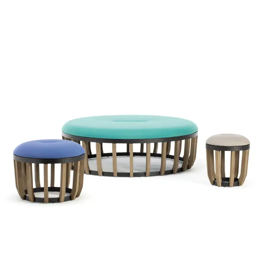 Exceptional Ethimo Swing ottoman with turquoise textile upholstery and teak-slatted base with satin finish
