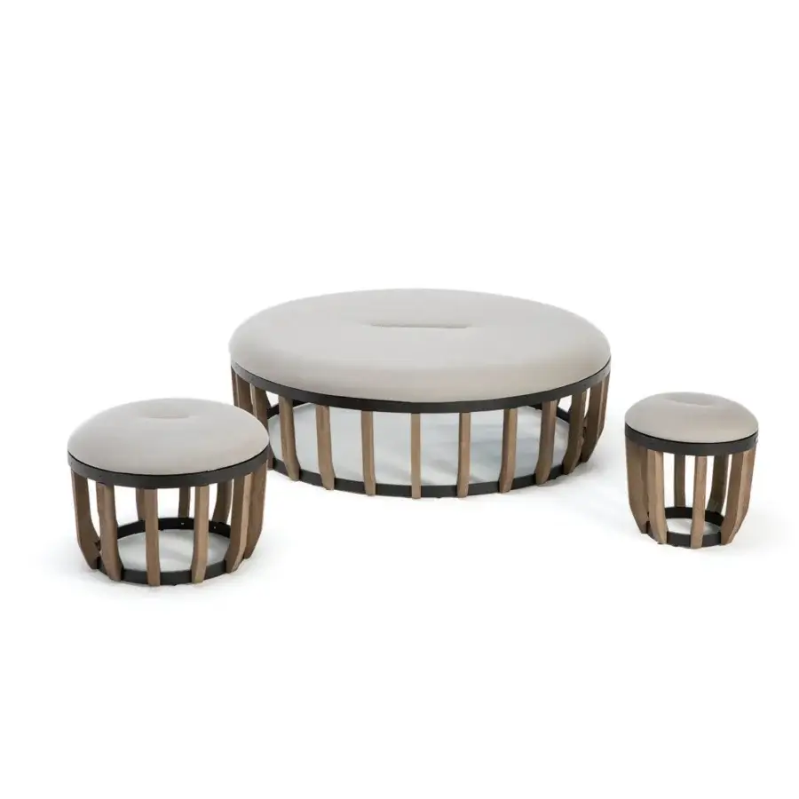 Distinguished Ethimo Swing ottoman with light beige cushion and robust teak-slatted base with satin finish
