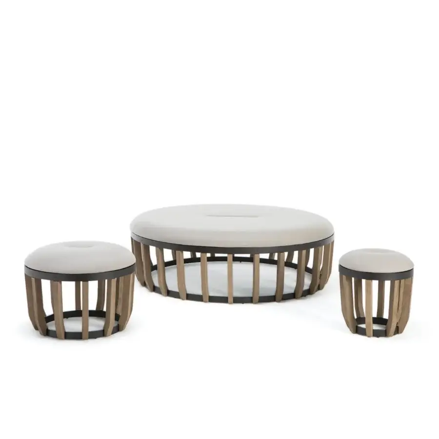 Alluring Ethimo Swing ottoman with plush light gray cushion and skillfully crafted teak open-slatted base