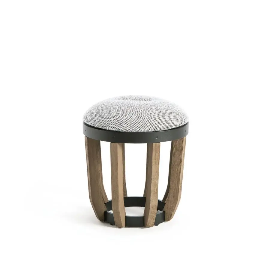 Distinguished Ethimo Swing ottoman with teak-slatted base and plush muted gray cushion with dark gray metal accents