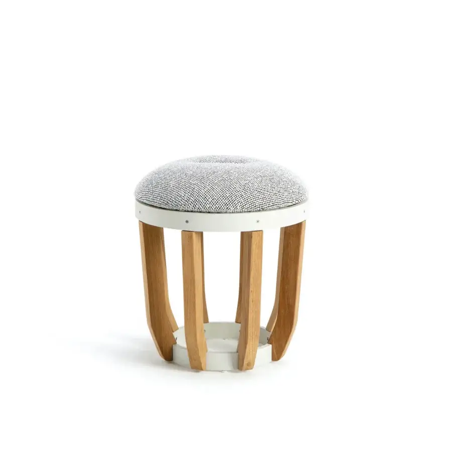 Captivating Ethimo Swing ottoman with a teak-slatted base and plush gray textured cushion crafted in Italy