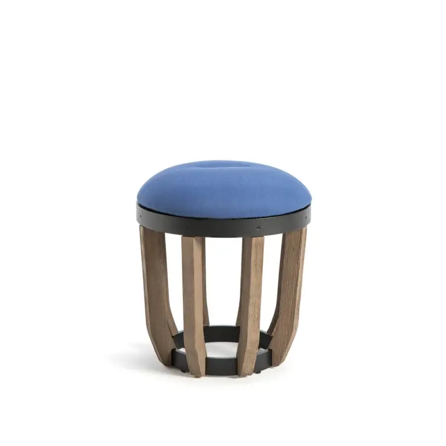 Exclusive Ethimo Swing ottoman with a teak-slatted base and comfortable blue cushion crafted in Italy