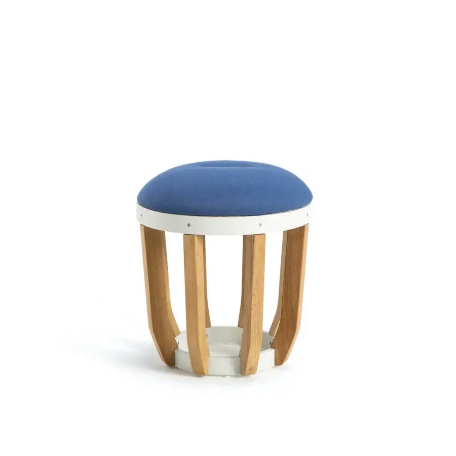 Sophisticated Ethimo Swing ottoman with a teak-slatted base and plush blue cushion crafted in Italy