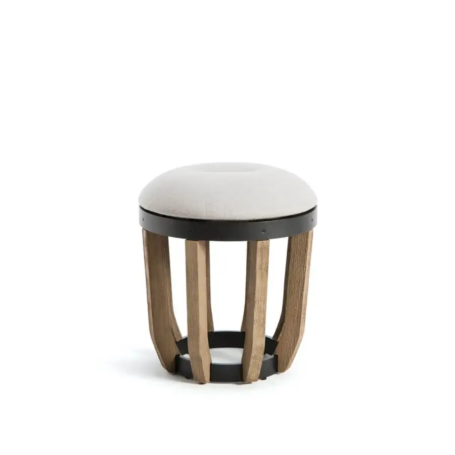 Distinguished Ethimo Swing ottoman with a gently curved light beige woven textile seat and robust teak-slatted base crafted with dark metal accents