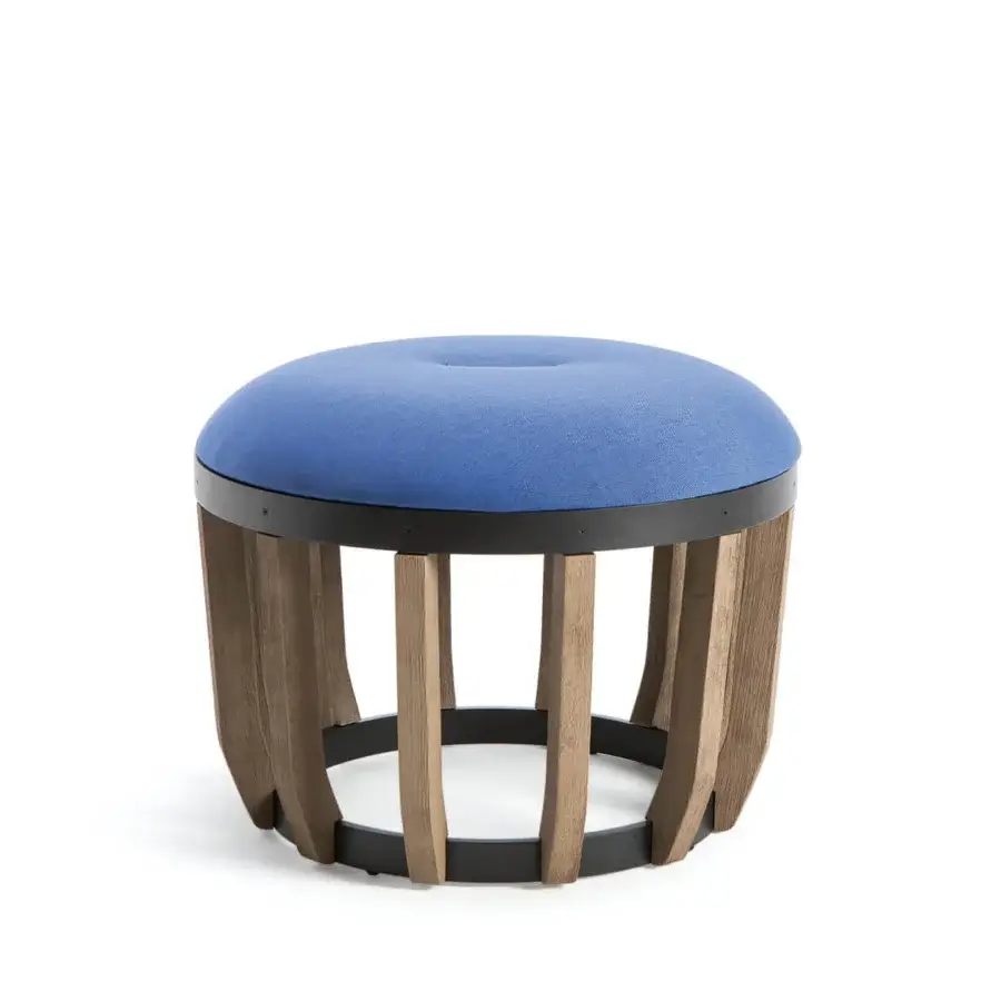 Lavish Ethimo Swing ottoman with a plush blue cushion and robust teak-slatted base crafted with a satin finish