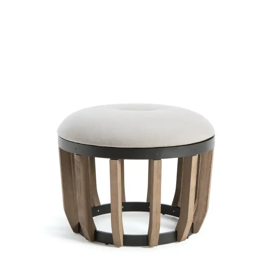 Superior Ethimo Swing ottoman crafted with teak-slatted base and a plush light beige cushion with dark metal detail