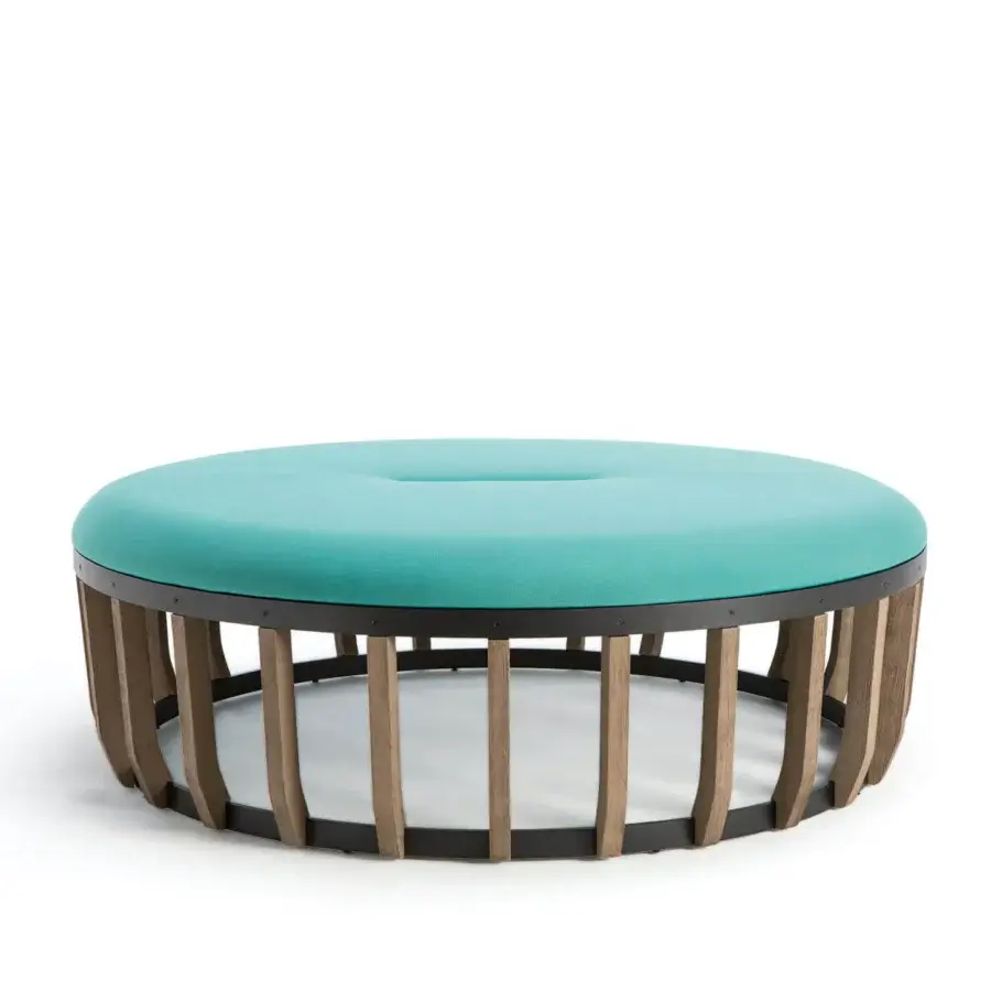 Distinctive Ethimo Swing ottoman with plush turquoise cushion and matte teak-slatted base crafted in Italy
