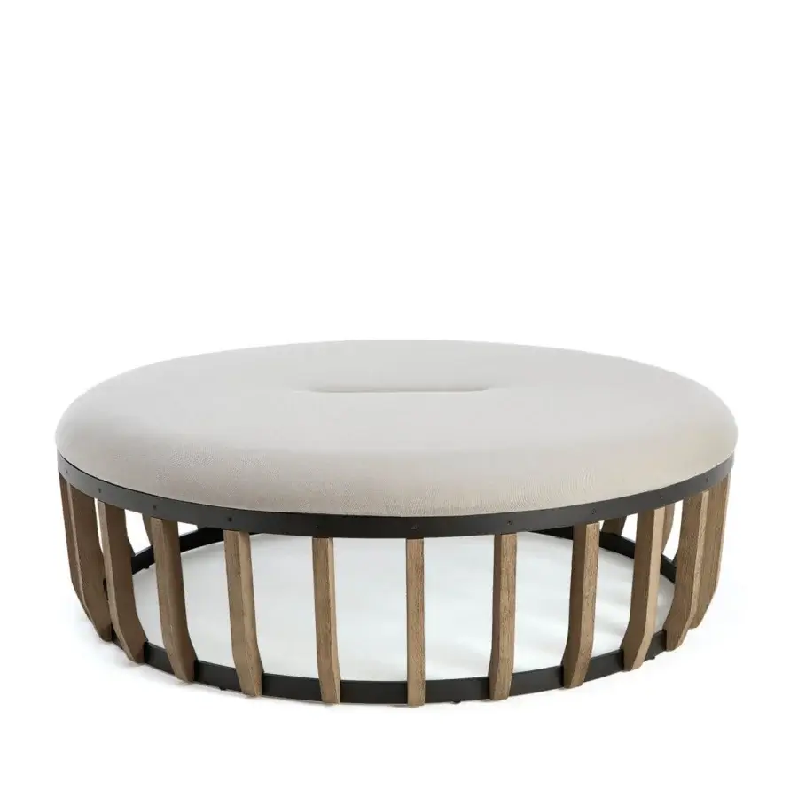 Exceptional Ethimo Swing ottoman with light beige cushioned top and teak-slatted base crafted with a dark metal band