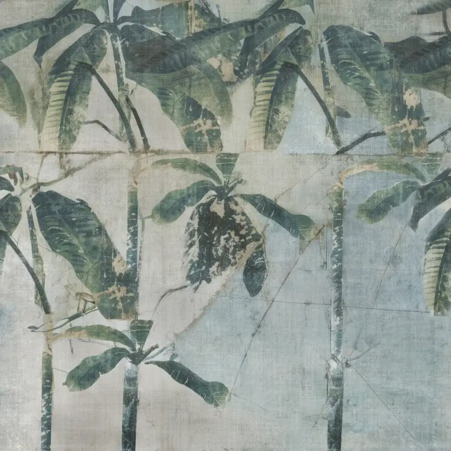 Exceptional Wall&Decò La Aldaba wallpaper with stylized banana leaves and trunks in teal and olive green, printed on sustainable organic bio-vinyl with fabric-effect texture