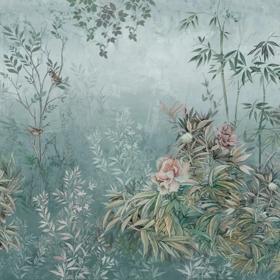 Distinguished Wall&Decò Princess In Black wallpaper with muted botanical scenes in green and teal, crafted in d.ecodura™ with a d.SW Sand finish