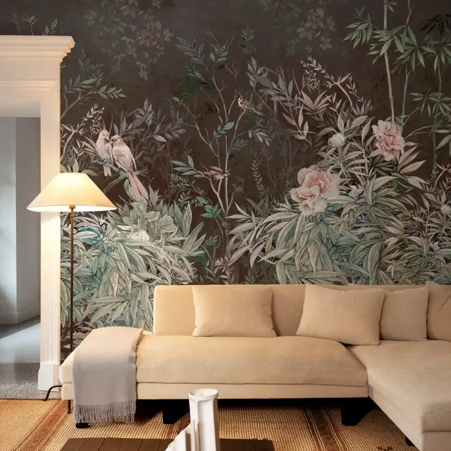 Exceptional Wall&Decò Princess In Black wallpaper with dark botanical scenes and a luxurious fabric-effect d.TW texture in organic bio-vinyl