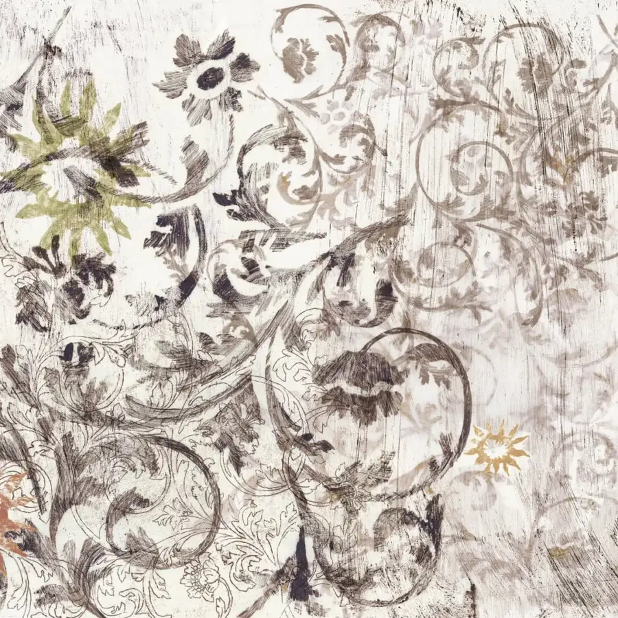 Elegant Wall&Decò Heritage wallpaper with ornate floral patterns in muted brown, gray, and beige organic bio-vinyl with a fabric-effect finish