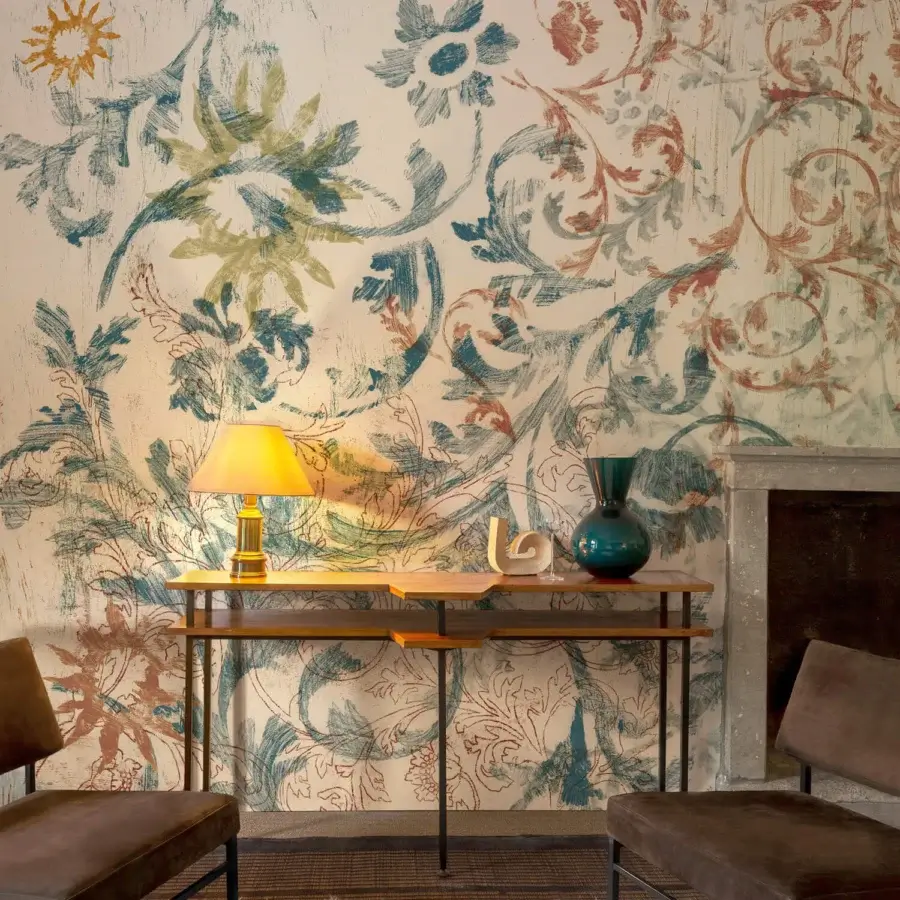 Distinguished Wall&Decò Heritage wallpaper with large-scale floral patterns in muted teal, dusty rose, and cream d.ecodura™ texture