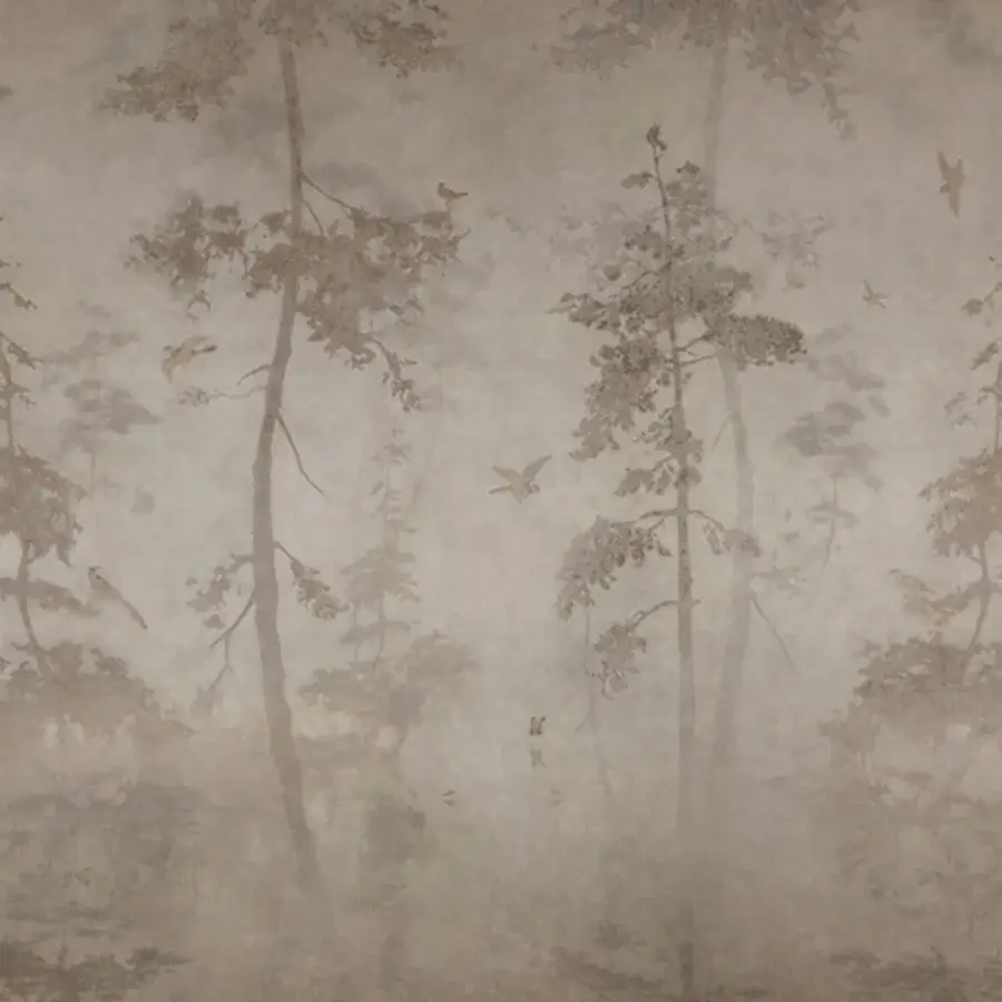 Exceptional Wall&Decò Charme wallpaper with slender trees and delicate birds in muted beige organic bio-vinyl with a subtly textured matte finish