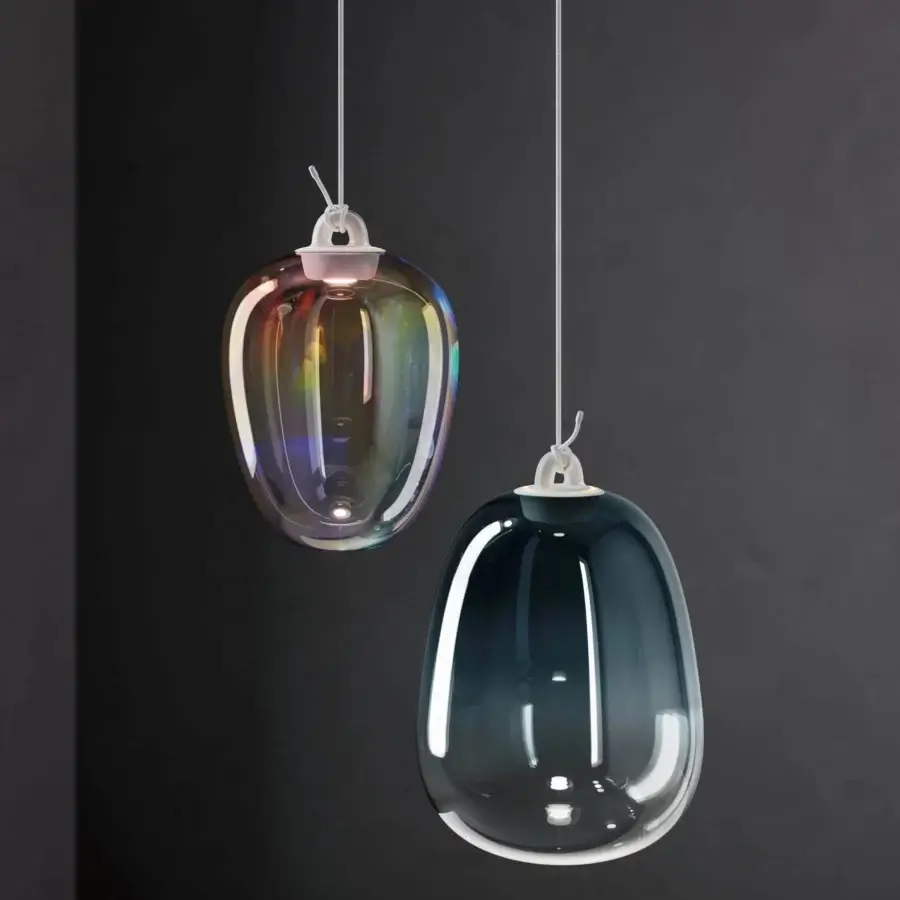 Exceptional Lodes Oblò Single suspension lamp in iridescent Pyrex glass with a white fabric-covered cable and integrated LED source