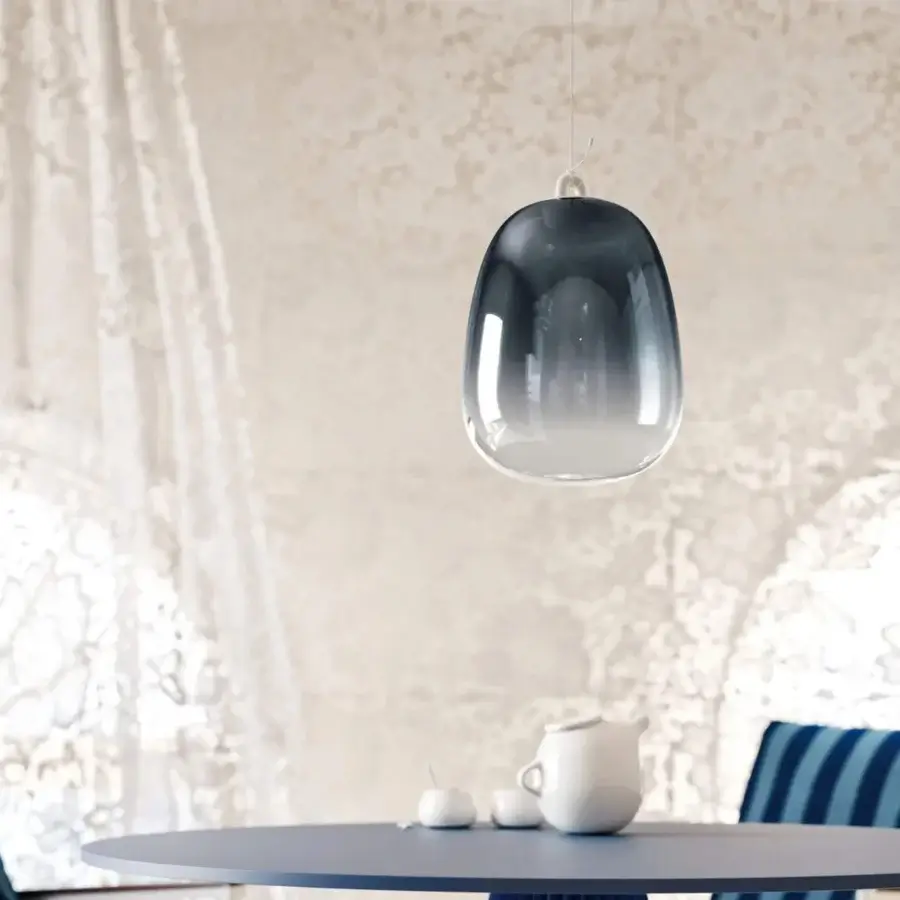 Elegant Lodes Oblò Single suspension lamp in translucent glass with a smoky grey gradient finish