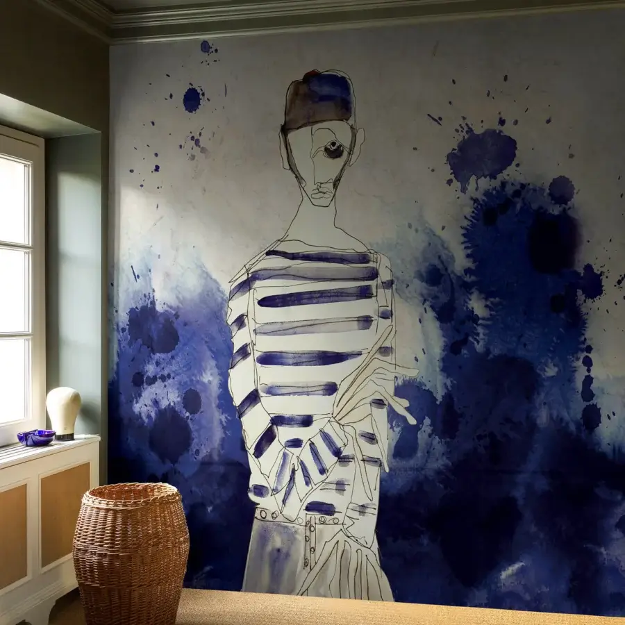 Superior Wall&Decò Il Mare Dove Non Si Tocca wallpaper with solitary figure against abstract seascape in navy and gray-blue organic bio-vinyl with sand-like finish