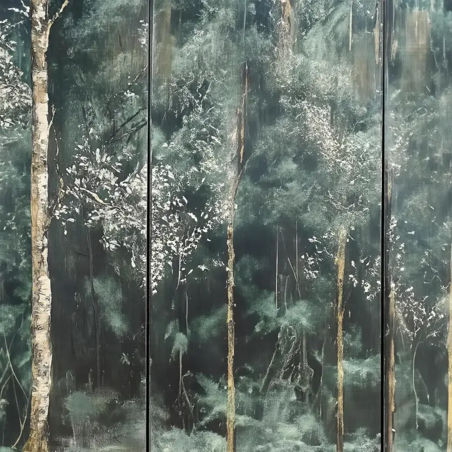 Elegant Wall&Decò J’Aime Beaucoup wallpaper with forest landscape in muted teal and dark green tones, crafted with d.TW fabric-effect bio-vinyl substrate