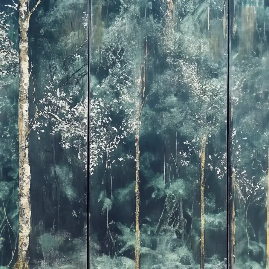 Distinguished Wall&Decò J’Aime Beaucoup wallpaper with forest landscape in deep teal and cream colored organic bio-vinyl with d.SW finish