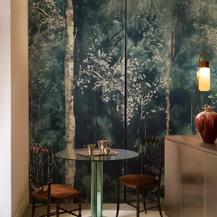 Superior Wall&Decò J’Aime Beaucoup wallpaper with birch forest in deep teal and muted white on organic bio-vinyl with d.TW finish