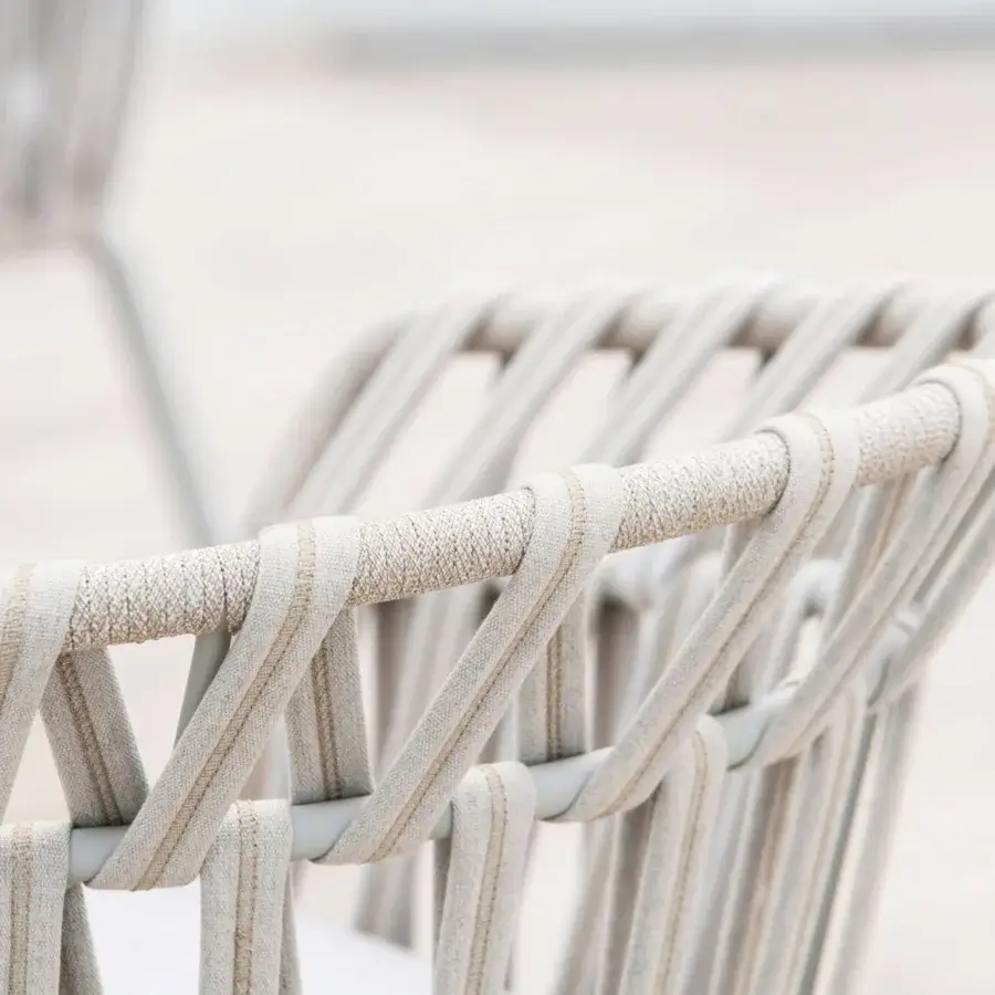 Exceptional Varaschin Emma Cross armchair with light gray powder-coated aluminum and diagonally woven light beige acrylic fabric