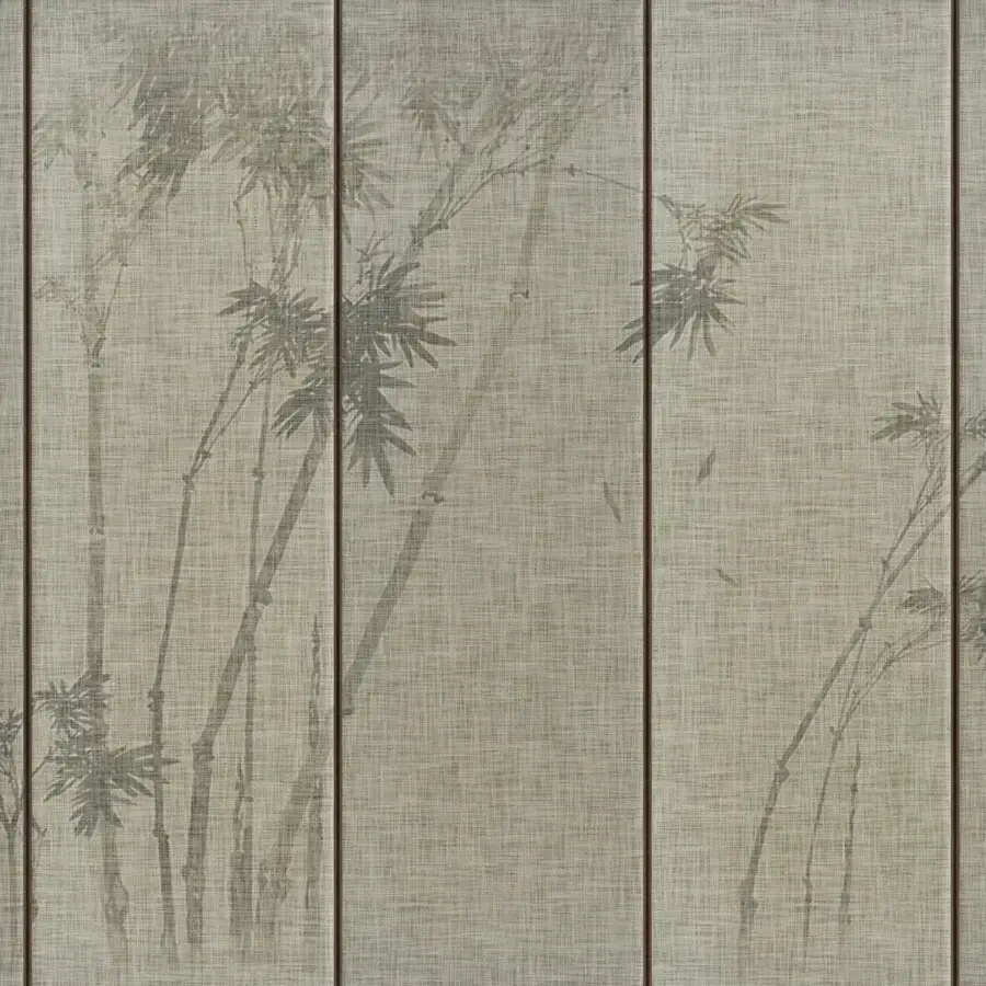 Elegant Wall&Decò Levante wallpaper with fabric-like texture and delicate bamboo imagery in grayish-beige tones with d.TW finish