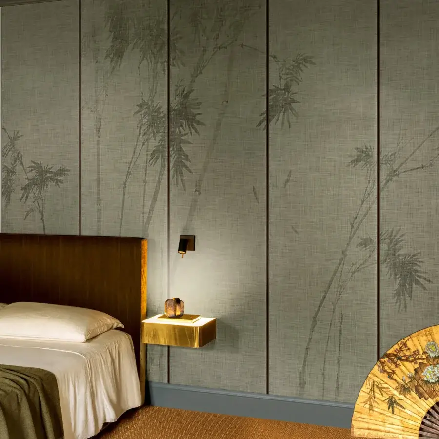 Captivating Wall&Decò Levante wallpaper with delicate bamboo and leaf design in grayish-green tones and d.TW finish