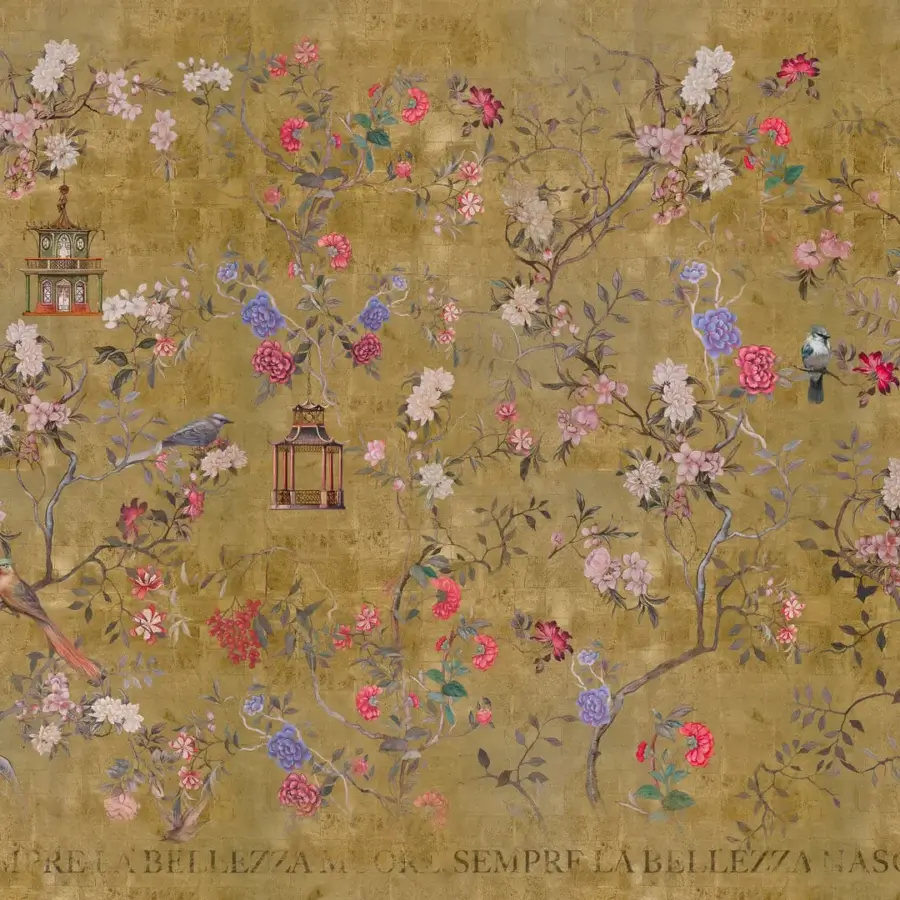 Lavish Wall&Decò Oriental Gold wallpaper with flowering branches, birds and pagoda elements in gold, rose and blue, crafted with d.TW d.ecodura™ texture