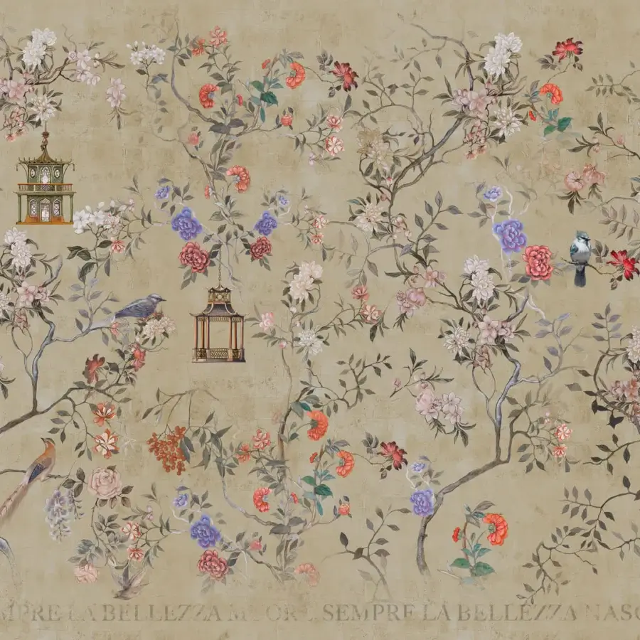 Distinguished Wall&Decò Oriental Gold wallpaper with flowering branches, birds and architectural details in beige, coral and gold tones with d.TW finish
