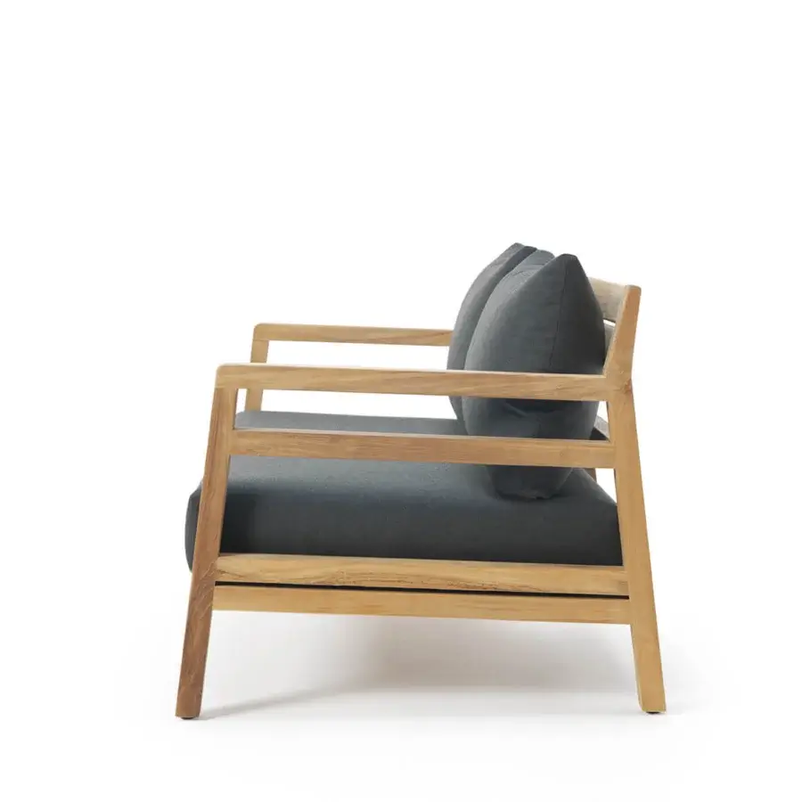 Elegant Ethimo Costes sofa with dark gray cushions and a natural FSC-certified teak frame embodies minimalist design