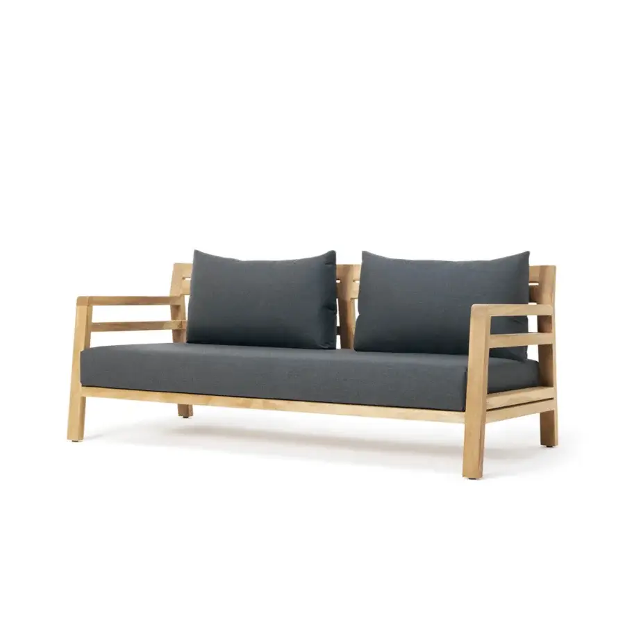 Distinguished Ethimo Costes sofa with textured dark gray textile and a natural FSC-certified teak wood frame