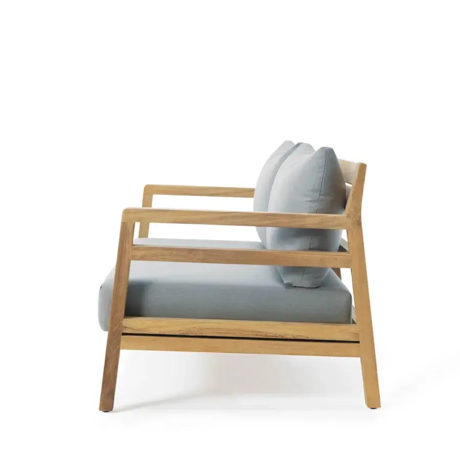 Superior Ethimo Costes sofa crafted with FSC-certified teak wood and light gray textile in a natural finish