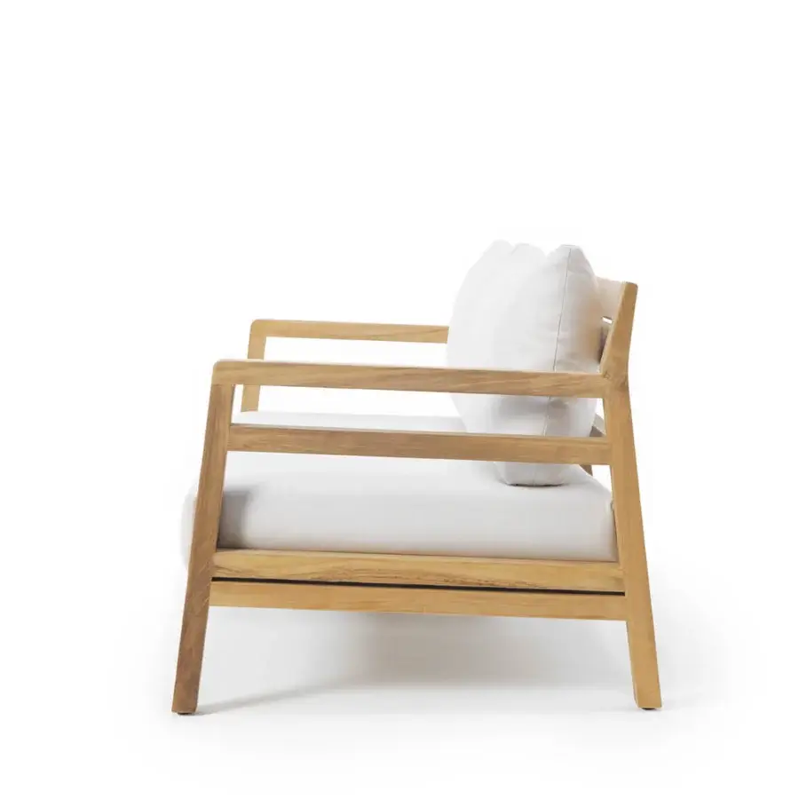 Distinctive Ethimo Costes sofa crafted with FSC-certified teak and a light brown worn pickled finish for relaxed lounging