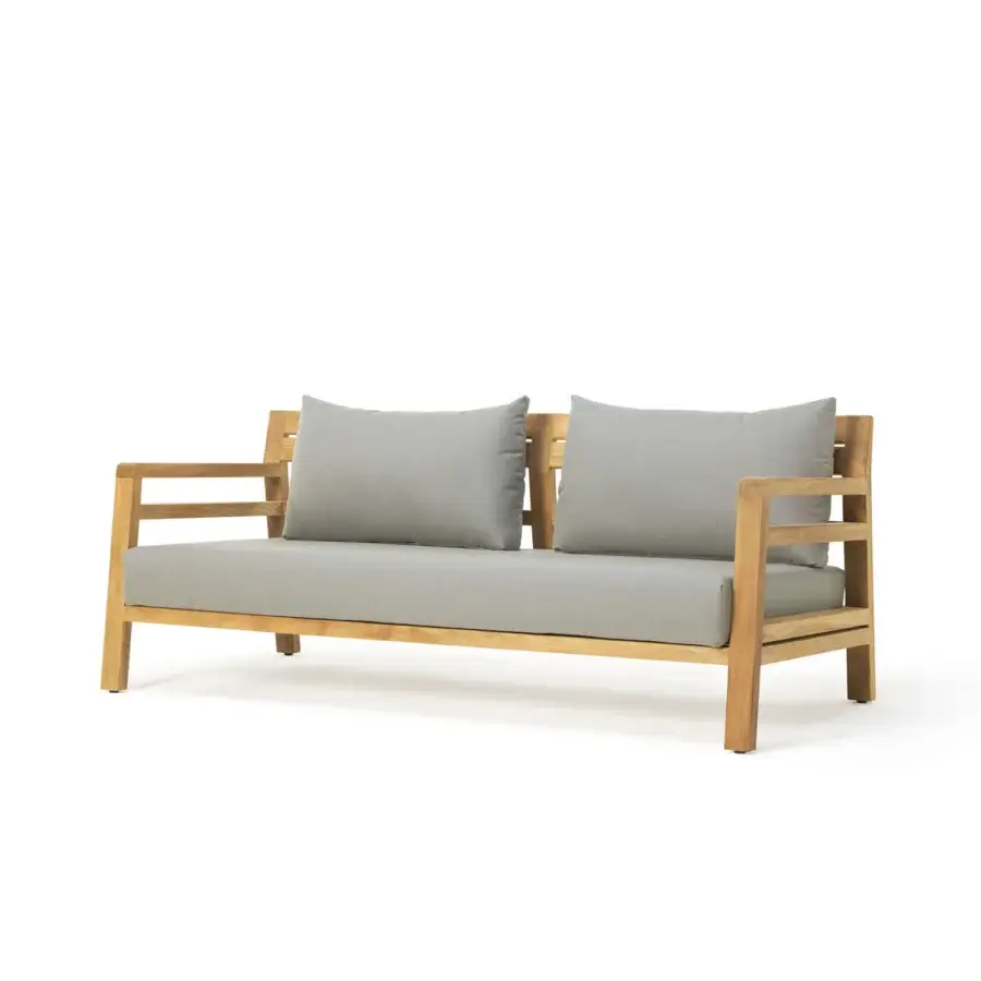 Distinguished Ethimo Costes sofa crafted with FSC-certified teak in a natural finish and light gray cushions