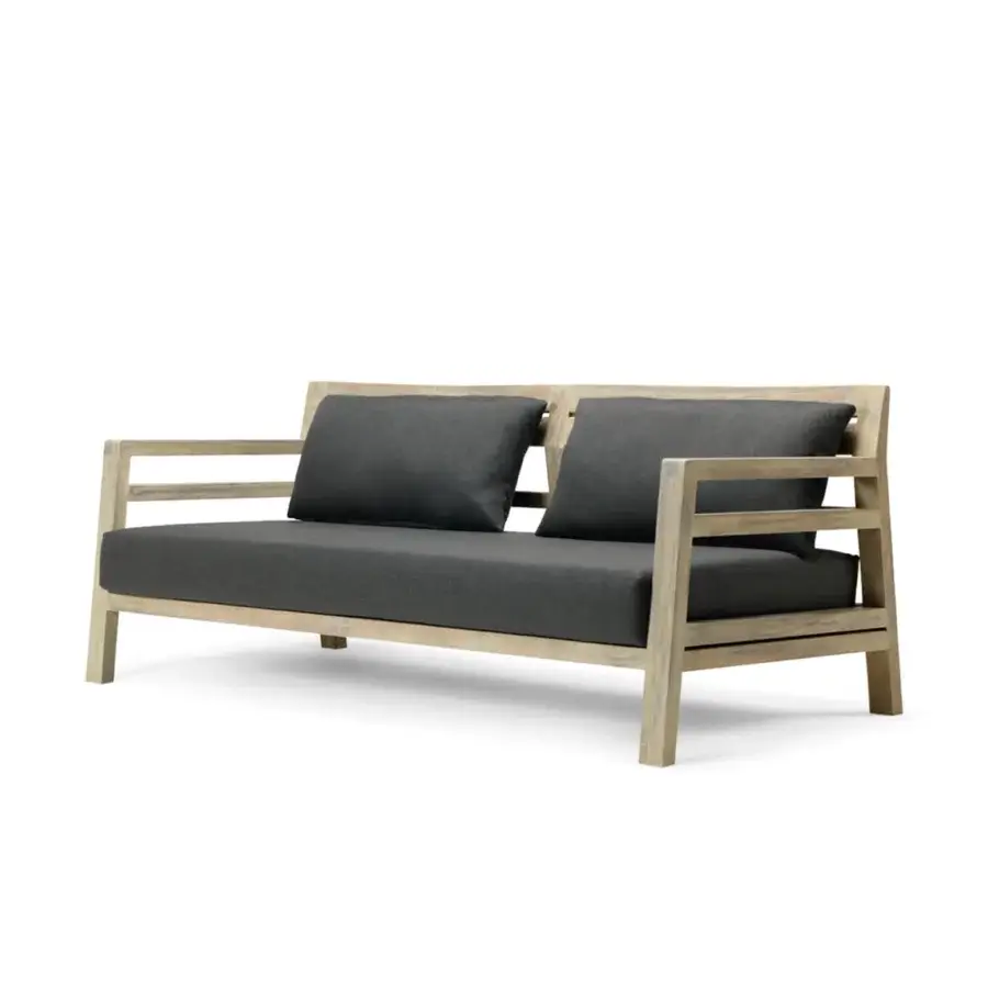 Superior Ethimo Costes sofa with muted gray cushions and a natural finish FSC-certified teak frame