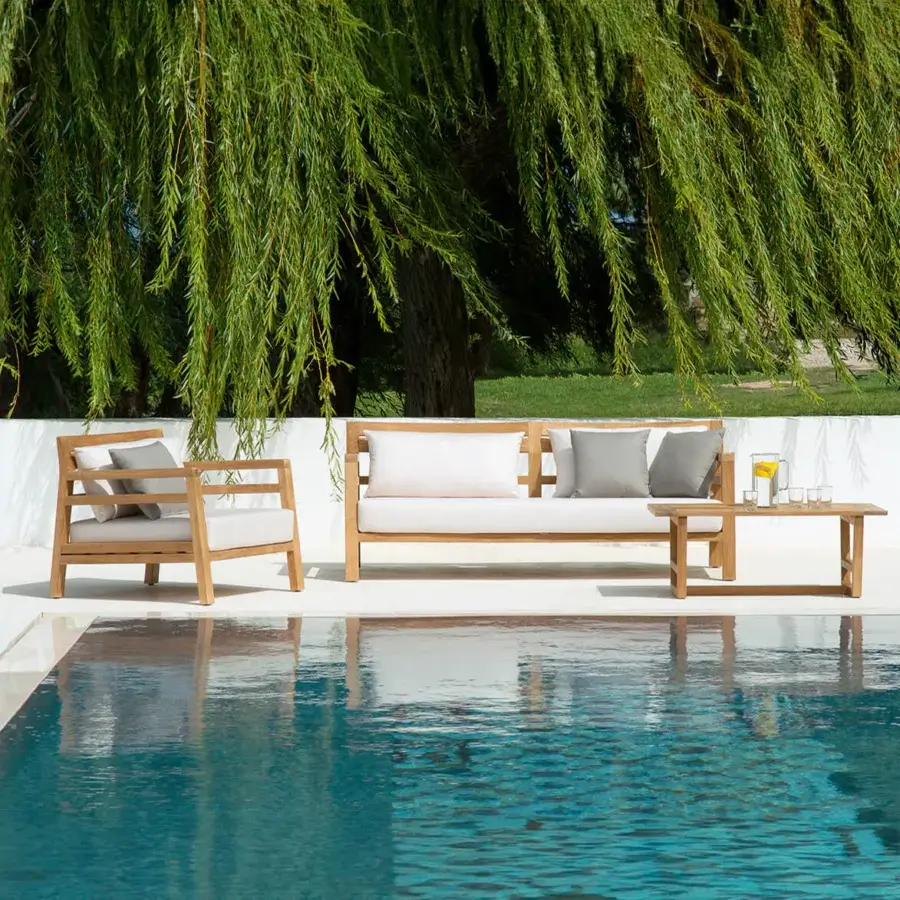 Exceptional Ethimo Costes sofa crafted with FSC-certified teak and light gray cushions in a distinctive pickled finish