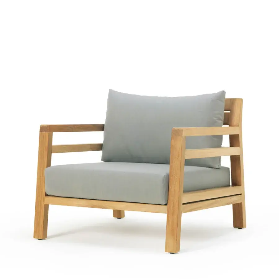 Exceptional Ethimo Costes lounge chair crafted with FSC-certified teak and a light gray textile cushion with a pickled finish