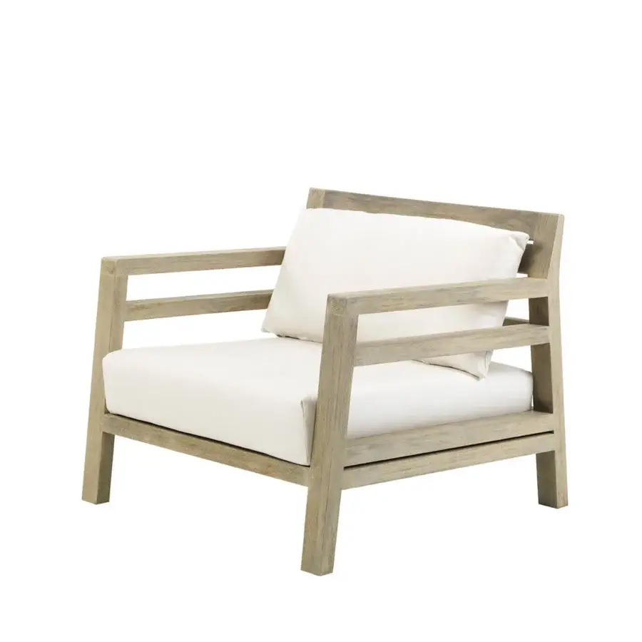 Refined Ethimo Costes lounge chair crafted with FSC-certified teak and a muted gray-beige “worn” pickled finish
