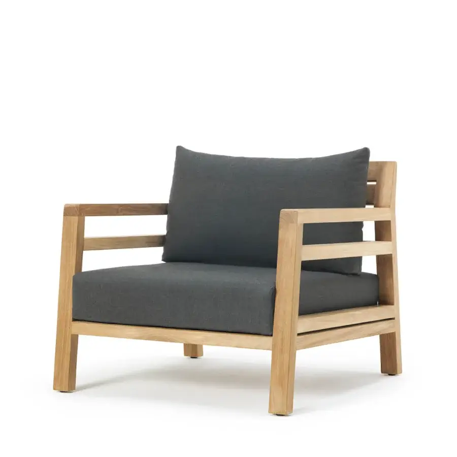 Harmonious Ethimo Costes lounge chair crafted with FSC-certified teak and deep gray cushions with a pickled finish