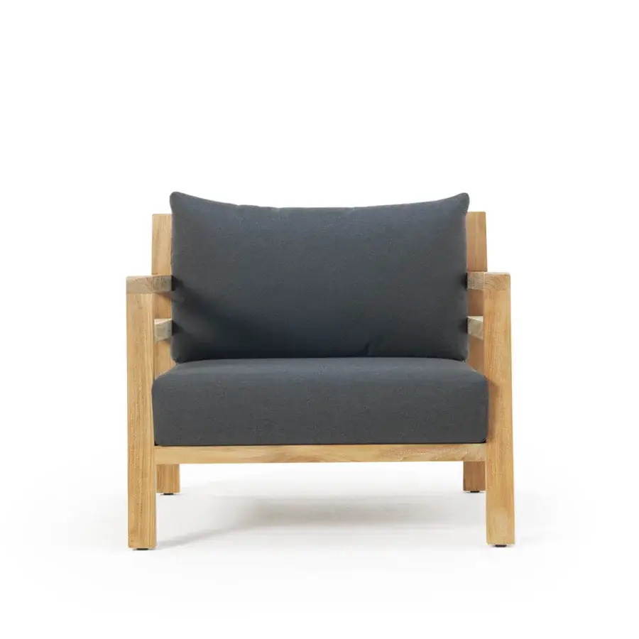Exceptional Ethimo Costes lounge chair crafted with FSC-certified teak and a dark gray textile cushion with a pickled finish