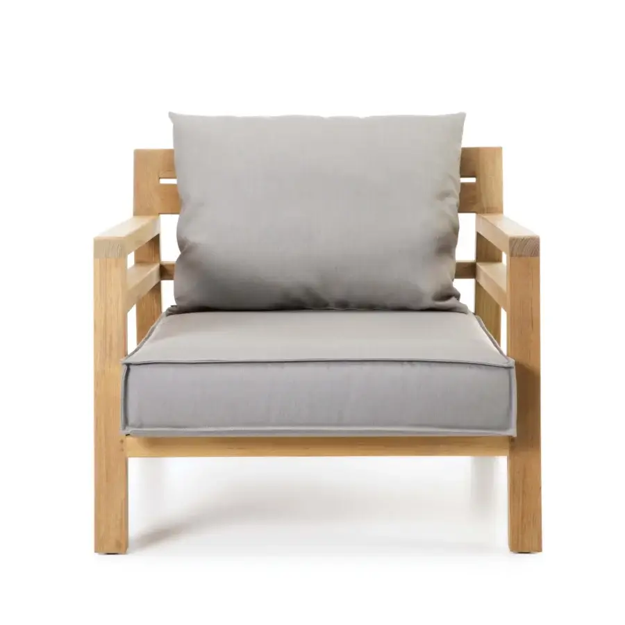 Harmonious Ethimo Costes lounge chair crafted with FSC-certified teak and light gray textile, exhibiting a charming pickled finish