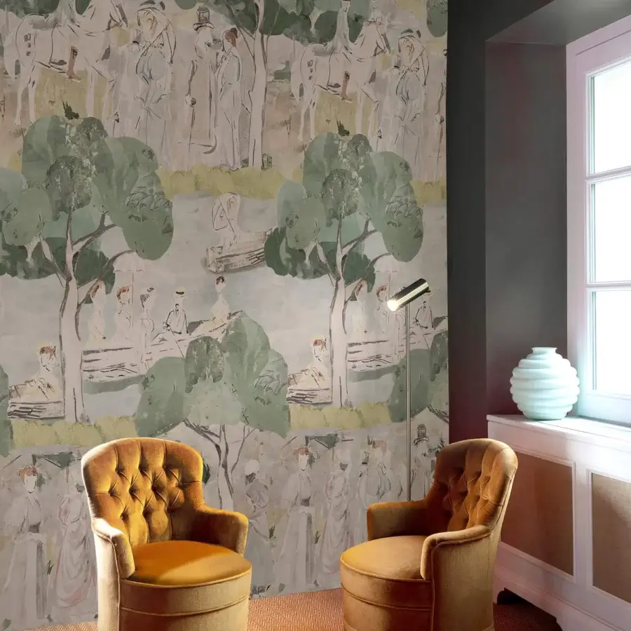 Superior Wall&Decò Vacances wallpaper with sketched figures in creams, greens and pale yellows on d.ecodura™ bio-vinyl with d.SW finish