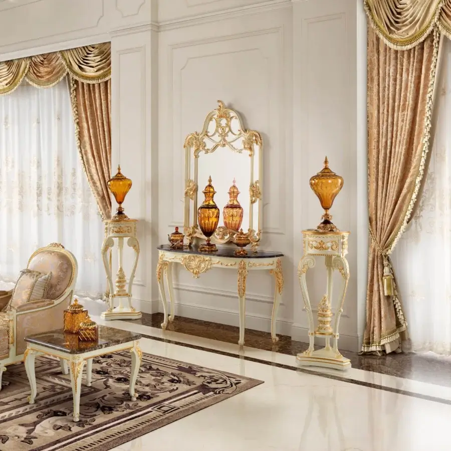 Exceptional Modenese Rubino Delight vase stand crafted in off-white wood with opulent gold detailing and curved lines
