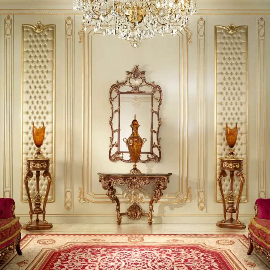 Superior Modenese Rubino Delight vase stand crafted in richly-toned wood with striking gold detailing and glossy finish