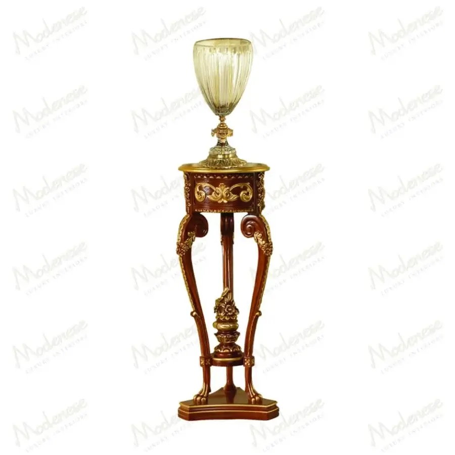 Distinguished Modenese Rubino Delight vase stand crafted in reddish-brown wood with ornate gilded detailing and glossy finish