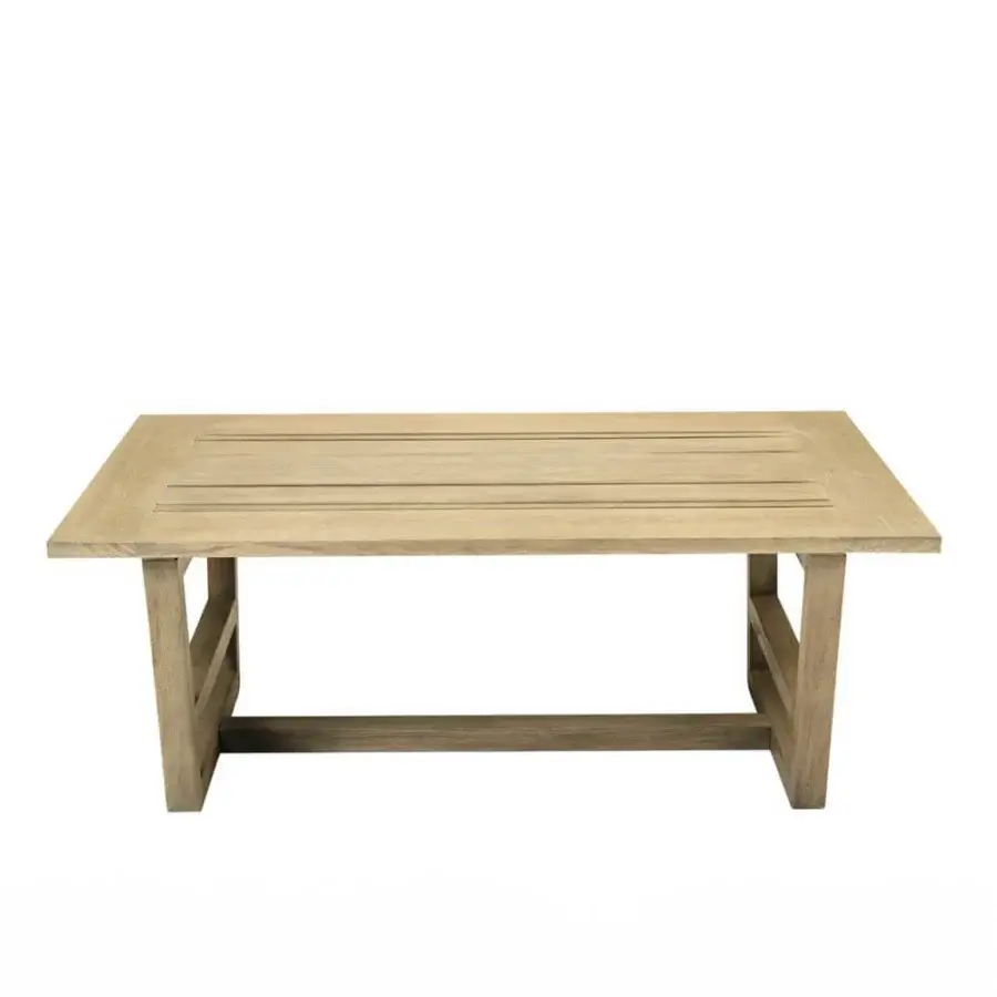 Refined Ethimo Costes coffee table crafted in FSC-certified natural teak with a subtly textured, light beige-brown surface and clean lines
